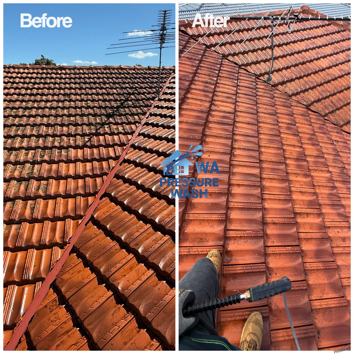 Before and after comparison of roof cleaning, showing dirty tile roof with debris and cleaned tile roof with restored color