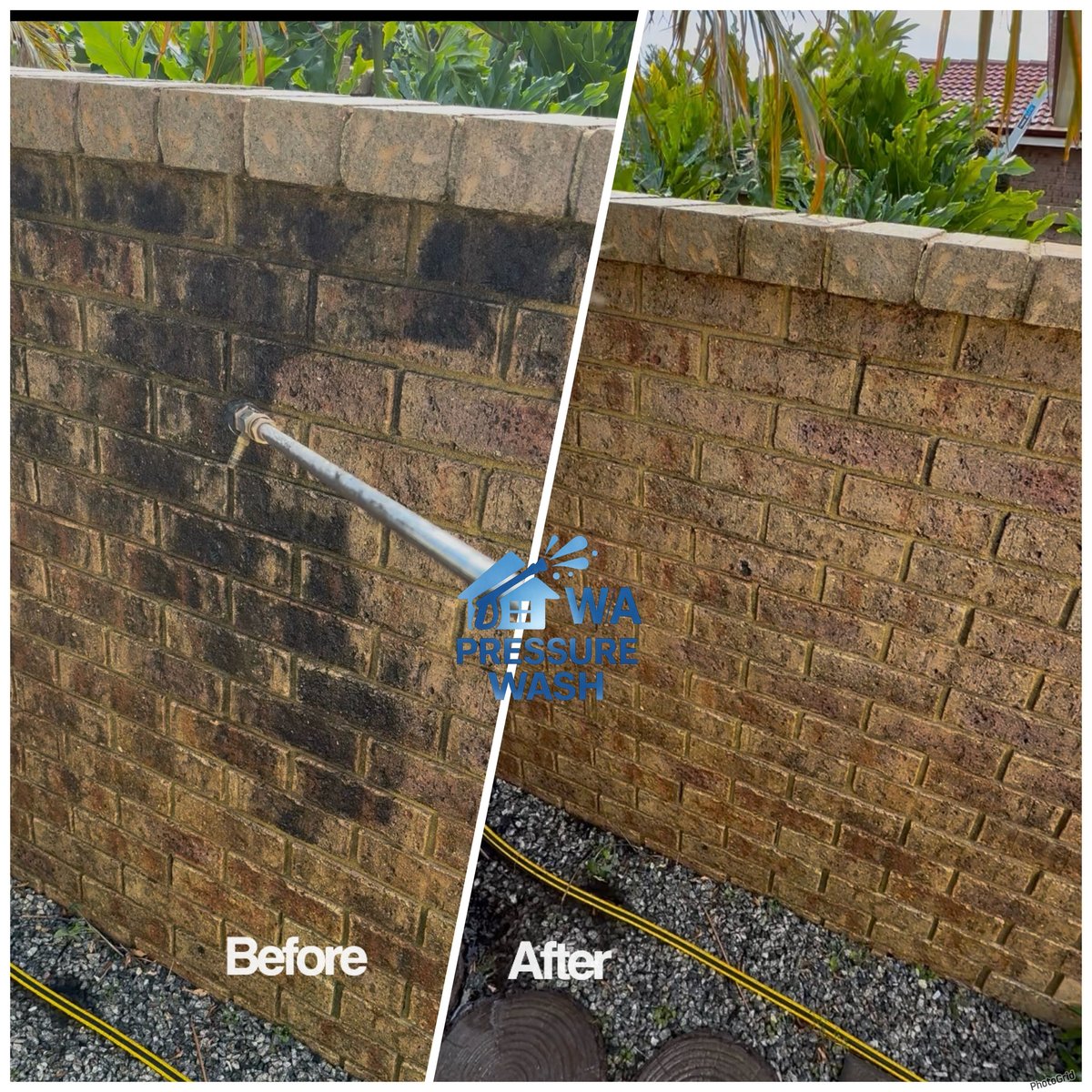 Before and after comparison of brick wall cleaning, showing removal of dark stains and debris from surface