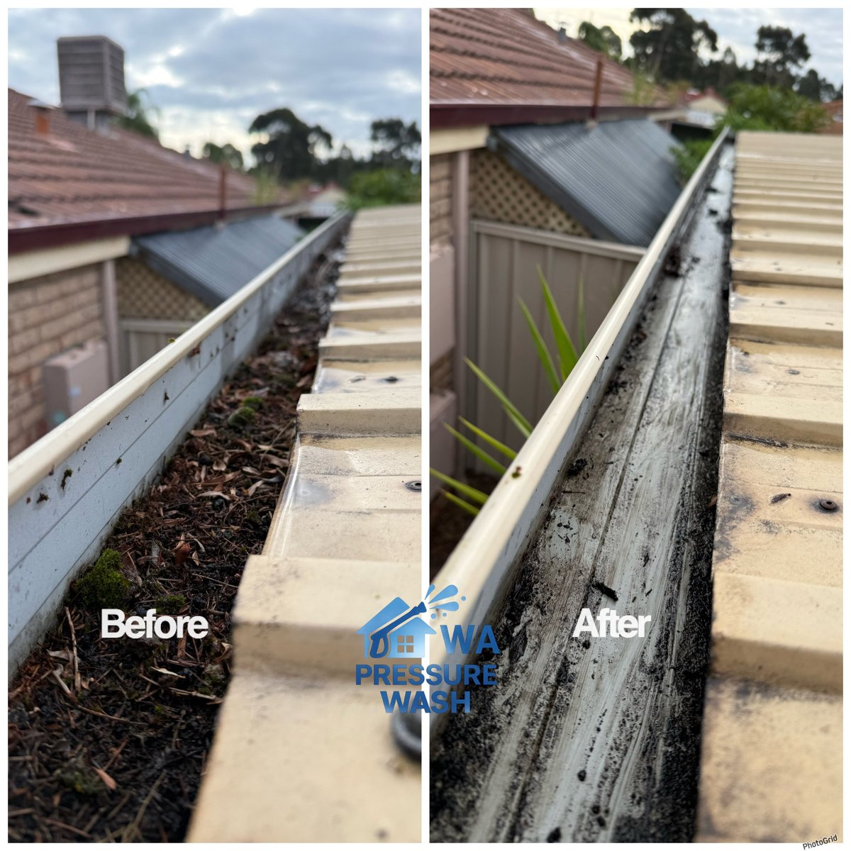 Before and after roof gutter cleaning comparison showing debris removal