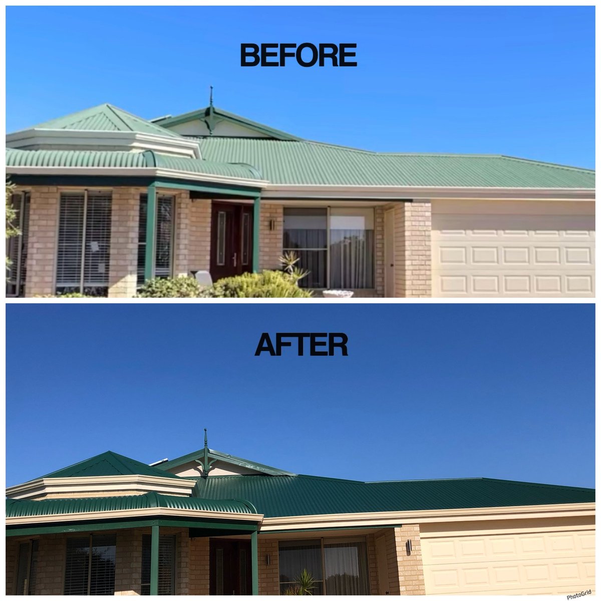 Before and after comparison of a brick house with green metal roof renovation, showing exterior improvements