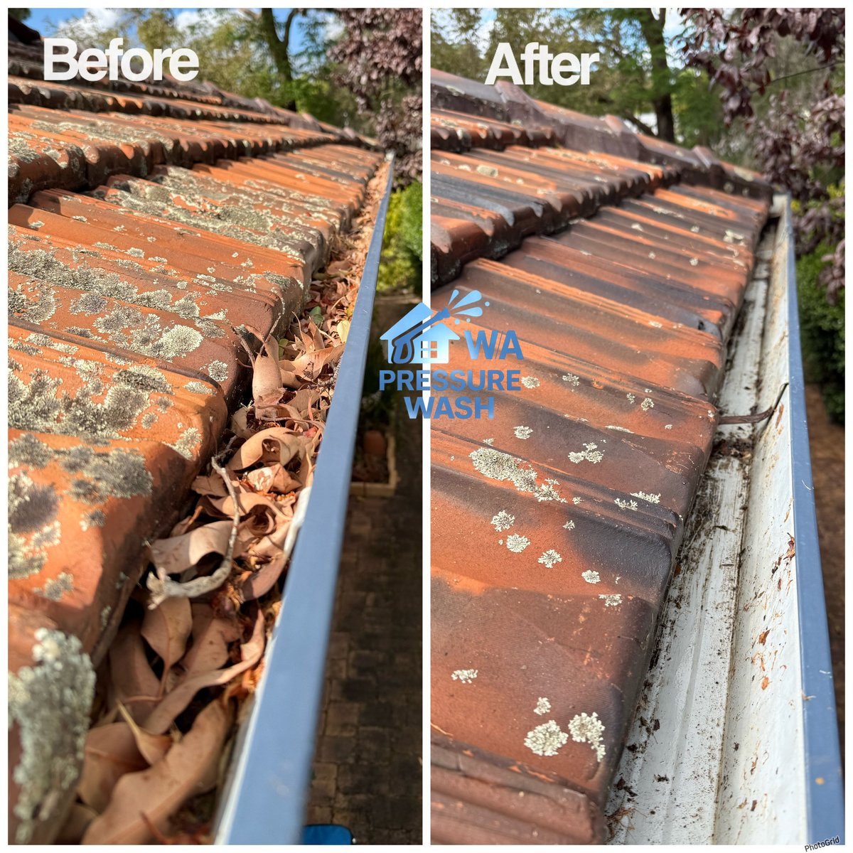 Before and after comparison of roof tiles cleaned by pressure washing, showing removal of moss and algae buildup