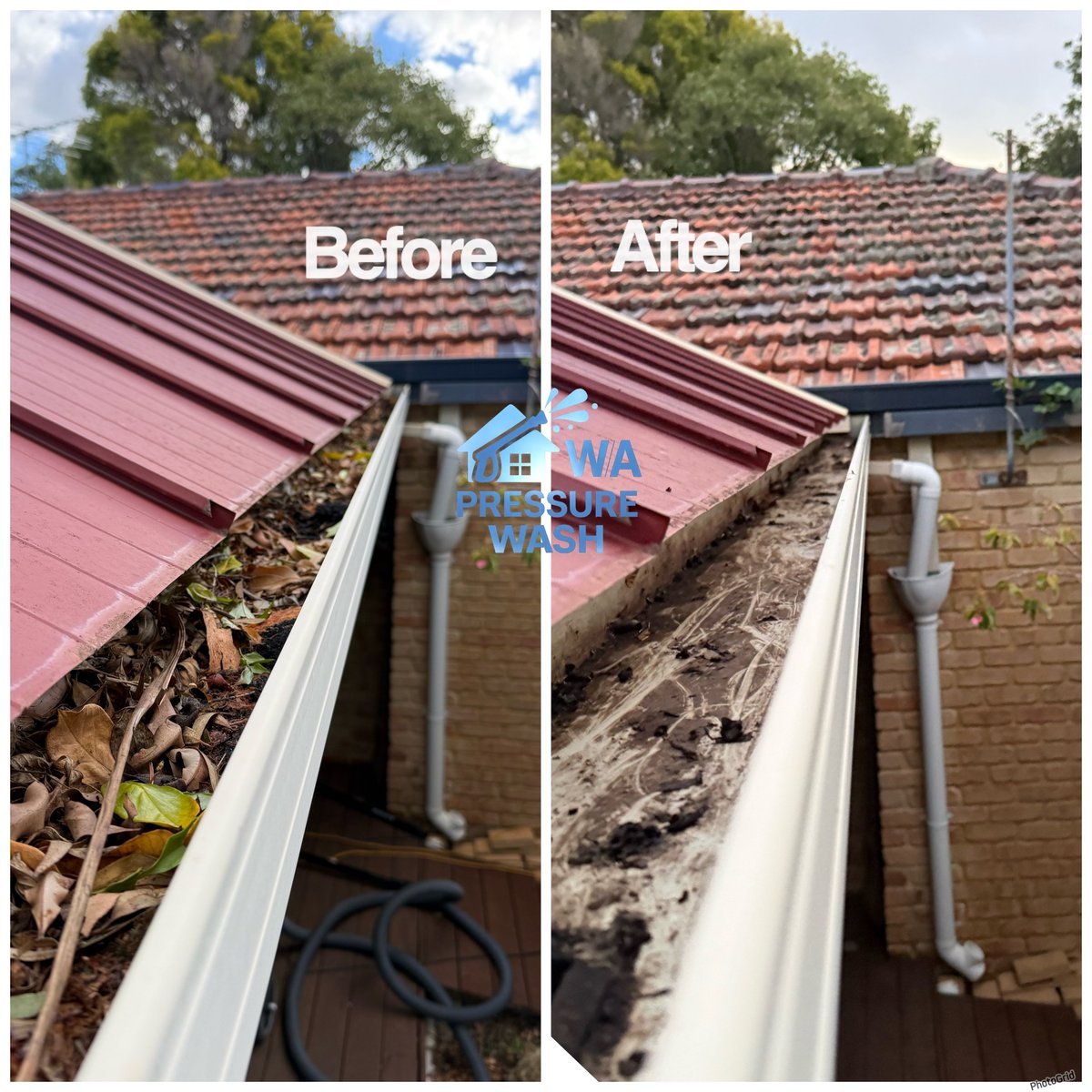 Before and after comparison of a residential gutter cleaning service, showing debris-filled gutter transformed to clean gutter with red tile roof visible