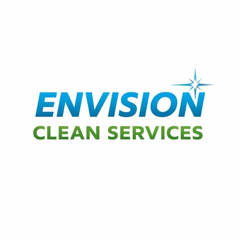 Envision Clean Services logo with blue text and green subtext, featuring a decorative star icon