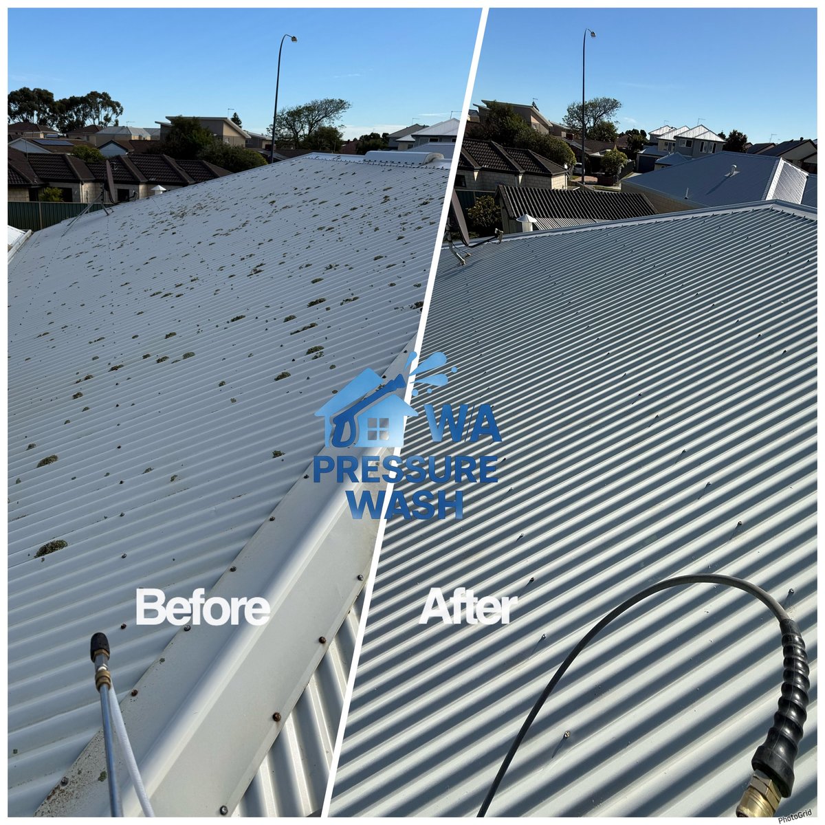 Before and after roof cleaning comparison showing dirty roof with stains on left and clean shiny roof on right