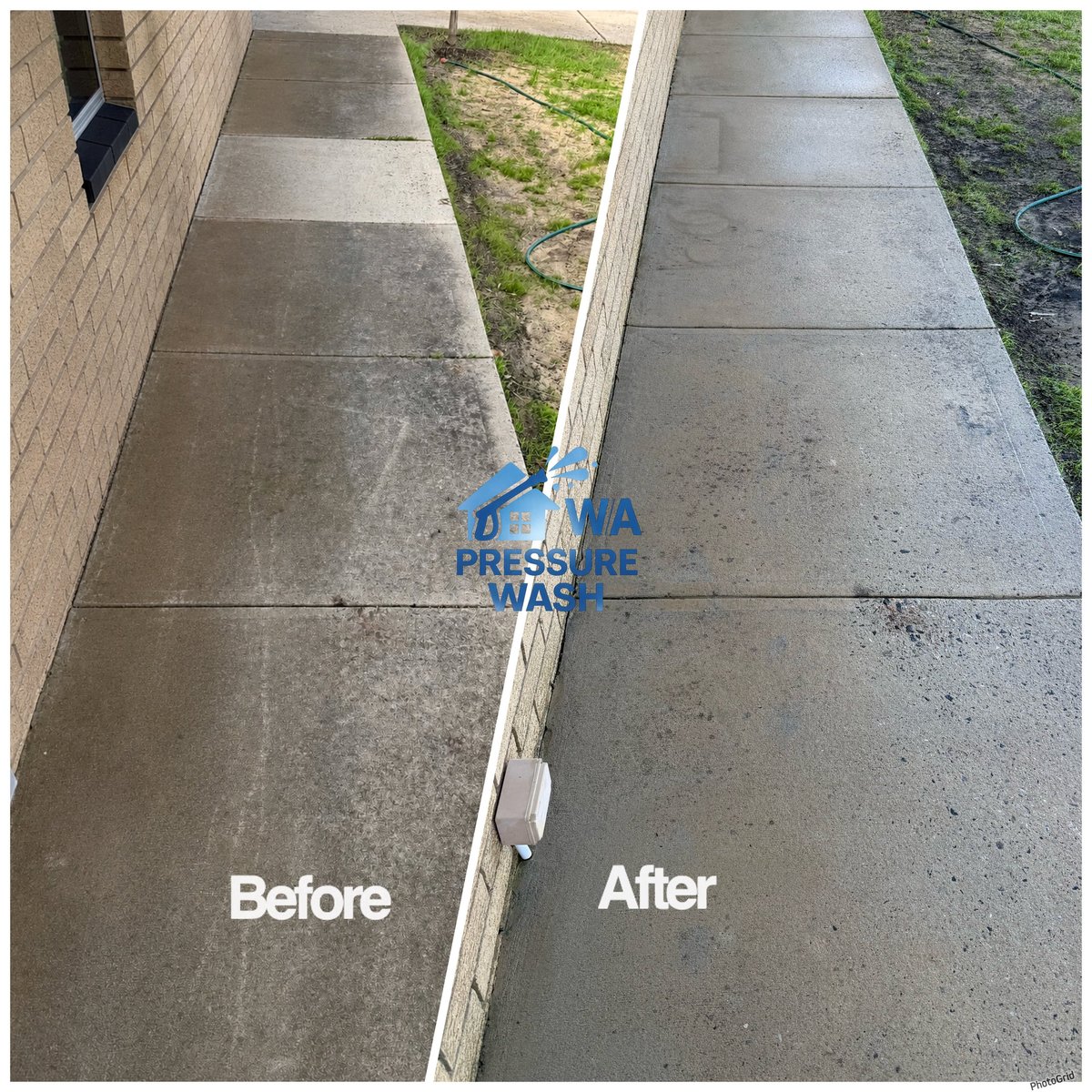 Before and after comparison of pressure washing a concrete sidewalk, showing dirty surface on left and clean surface on right.
