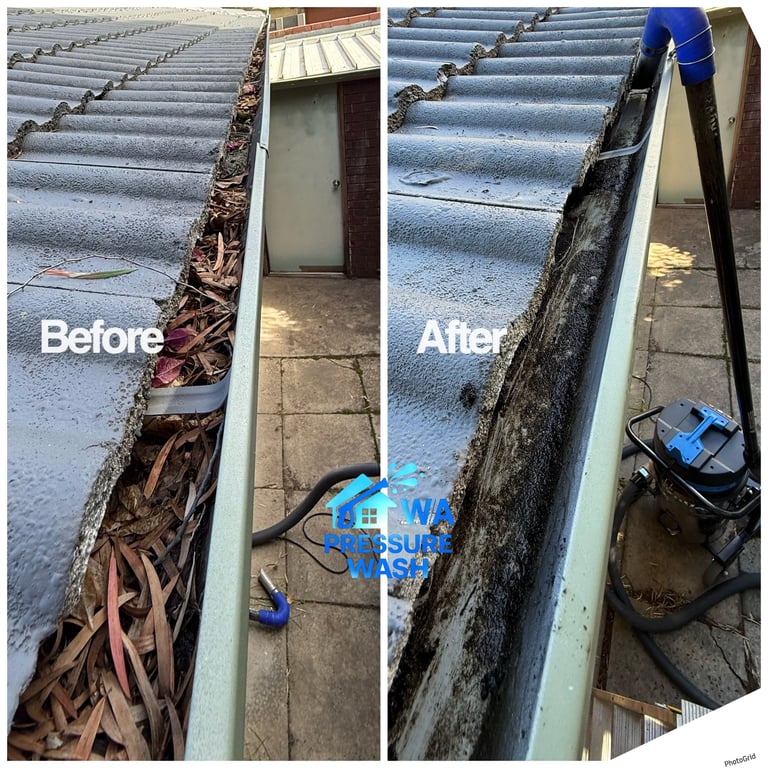 Before and after comparison of gutter cleaning, showing debris removal from residential gutters using pressure washing