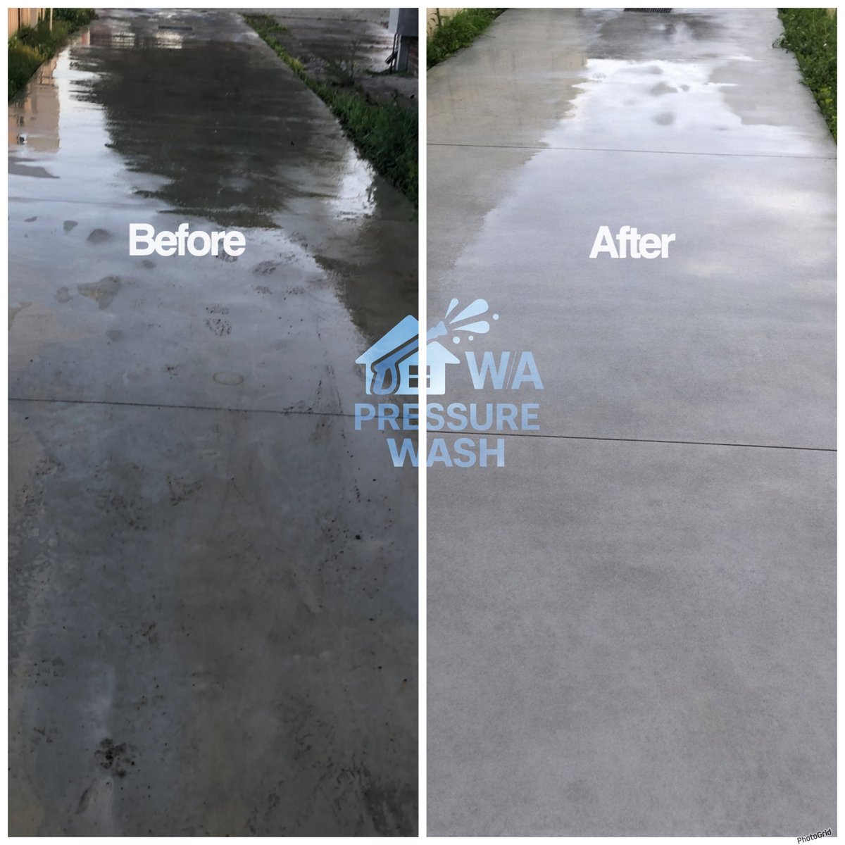 Before and after comparison of pressure washing a dirty driveway, showing transformation from stained to clean concrete surface