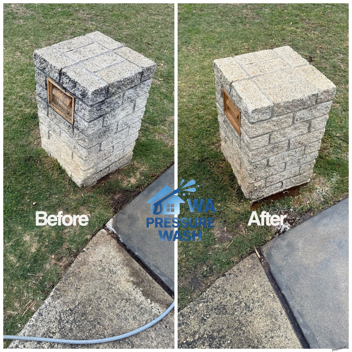 Before and after comparison of a stone mailbox cleaning showing soiled mailbox on left and cleaned mailbox on right